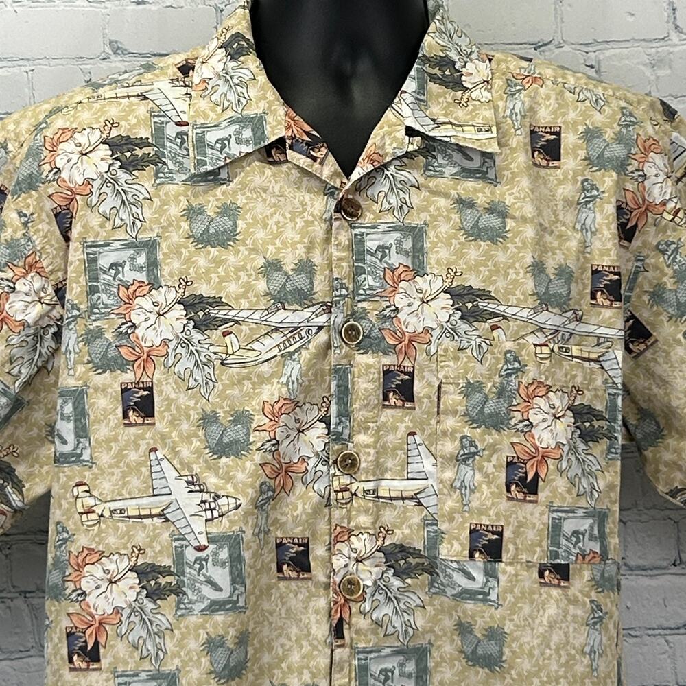 Vintage 90s OP Ocean Pacific PanAir Hawaiian Camp Shirt Beige Aviation M Medium